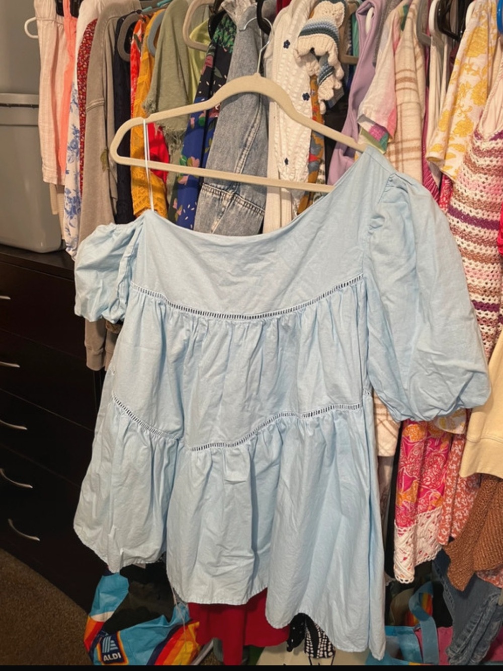 Altar’d State med puff sleeve tiered baby doll dress one shoulder cotton linen